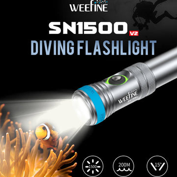 WEEFINE WF100 SN 1500 V2 LED Torch Scuba Diving Flashlight Underwater Photography Lamp